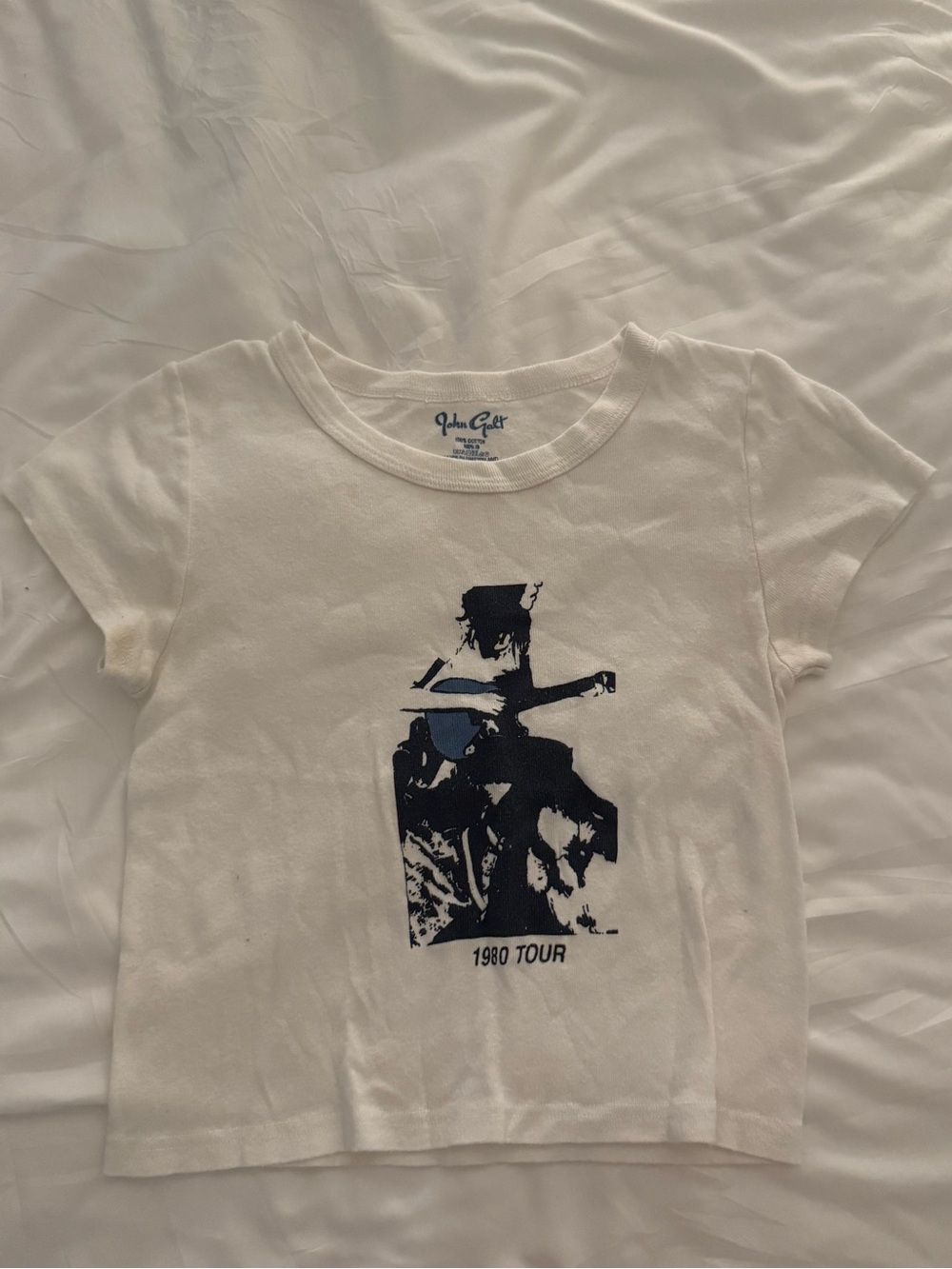Brandy Melville White Crop Tee with Navy 1980 Tour Graphic
